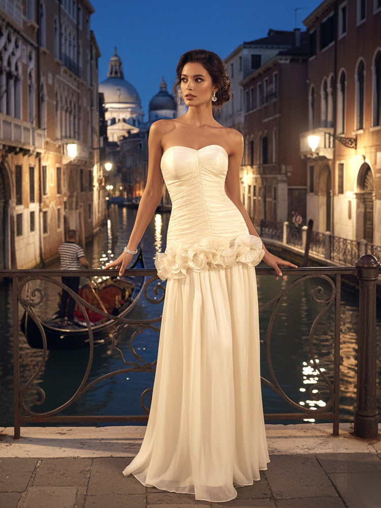Strapless Draped Ruffle Maxi Dress Ivory
