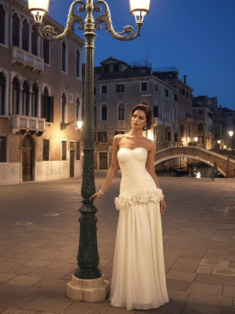 Strapless Draped Ruffle Maxi Dress Ivory
