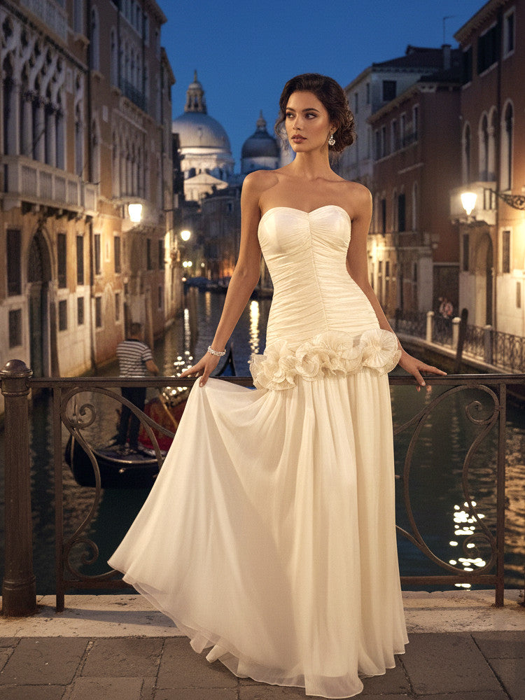 Strapless Draped Ruffle Maxi Dress Ivory