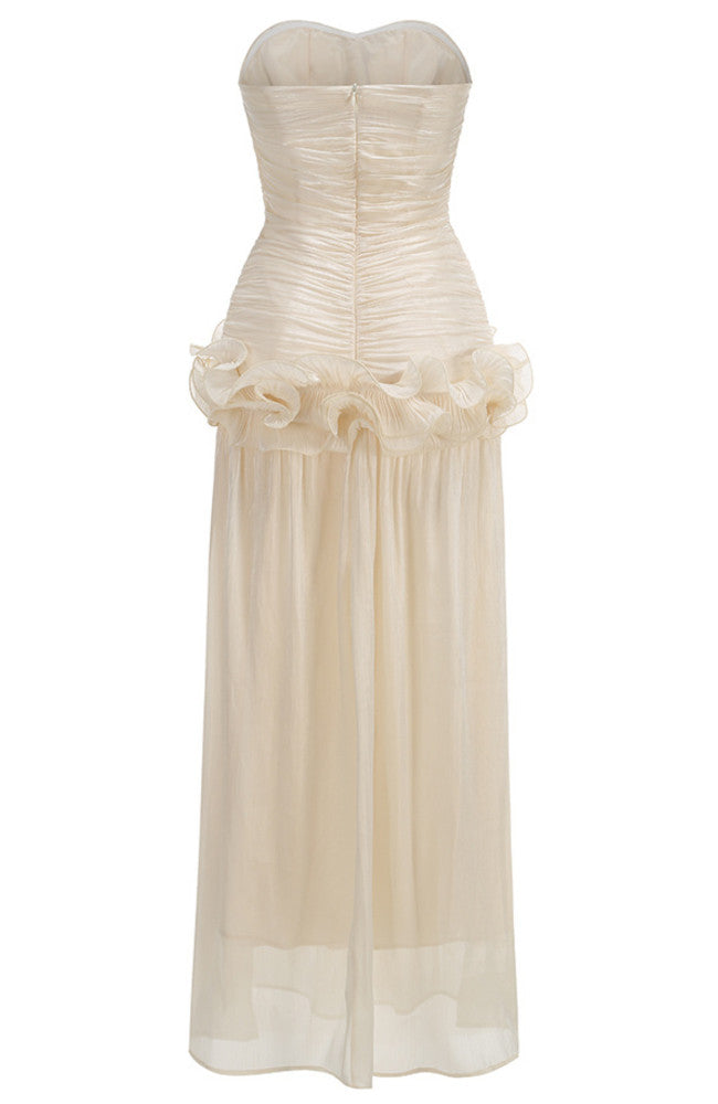 Strapless Draped Ruffle Maxi Dress Ivory