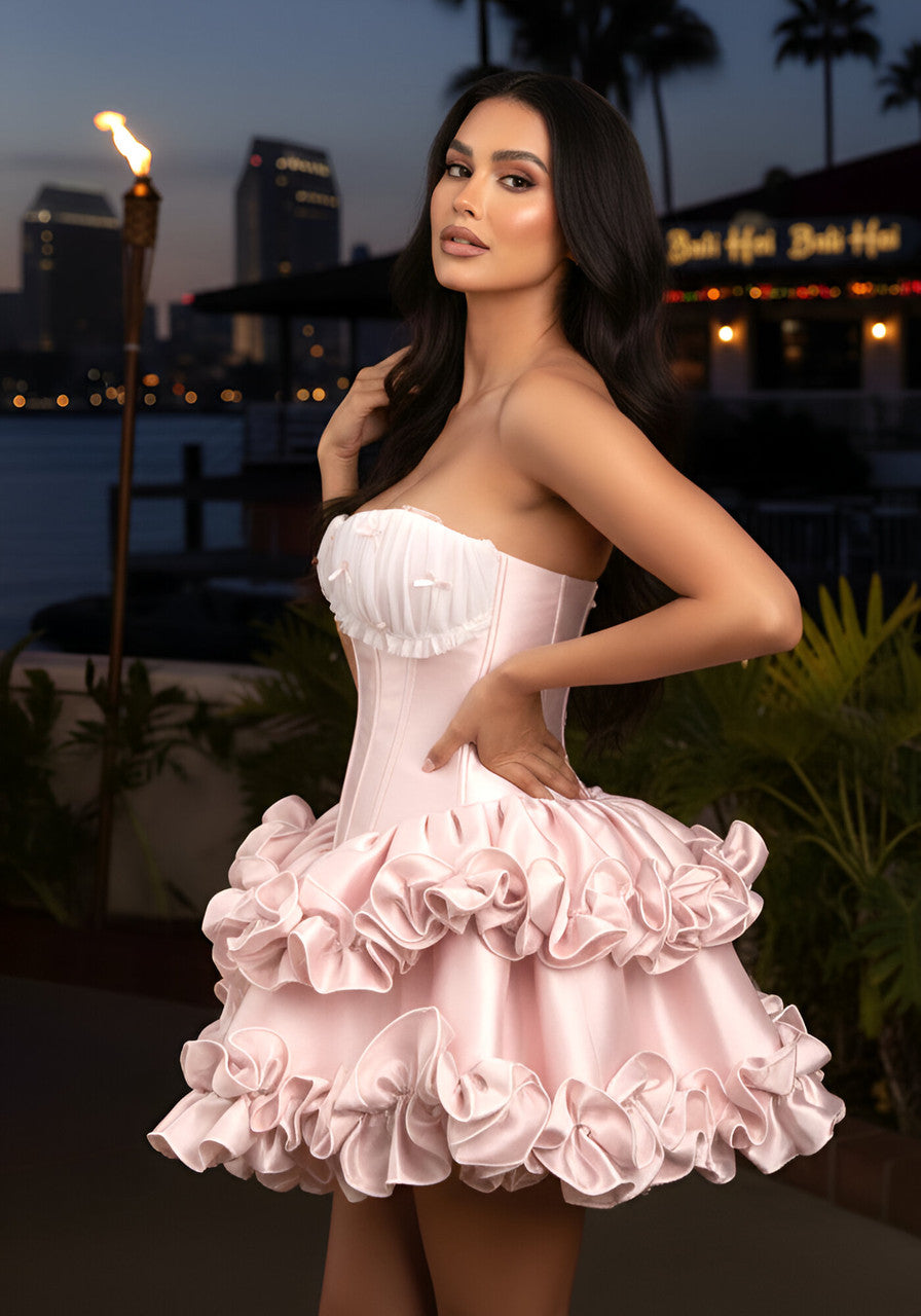 Strapless Ruffle Corset Dress Pink