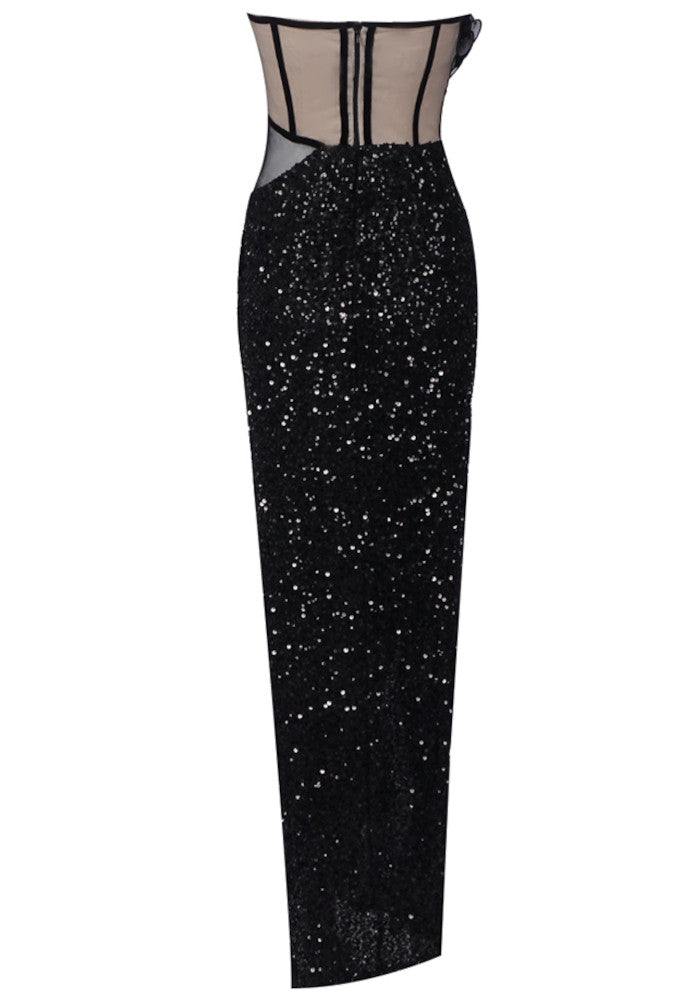 Strapless Ruffle Corset Sequin Maxi Dress Black