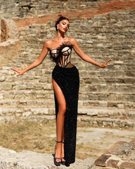 Strapless Ruffle Corset Sequin Maxi Dress Black