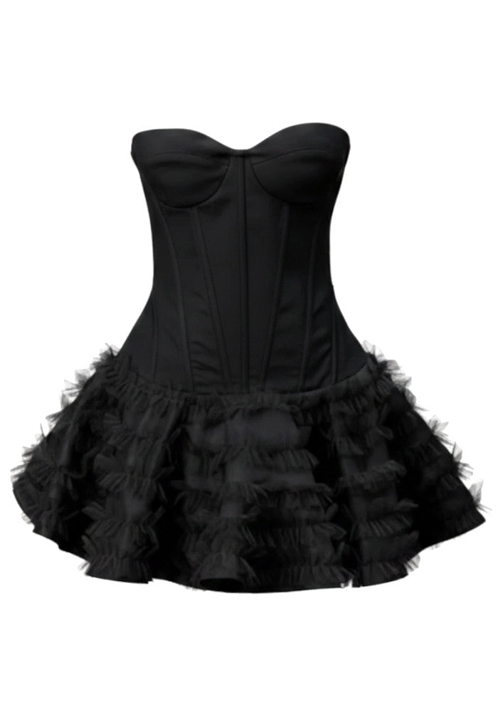 Strapless Ruffle Corset Skater Dress Black