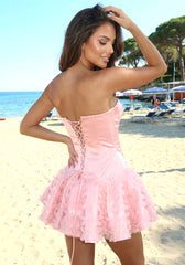 Strapless Ruffle Corset Skater Dress Pink