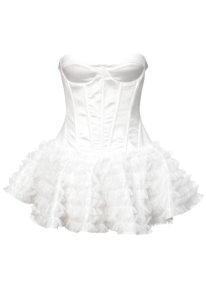 Strapless Ruffle Corset Skater Dress White