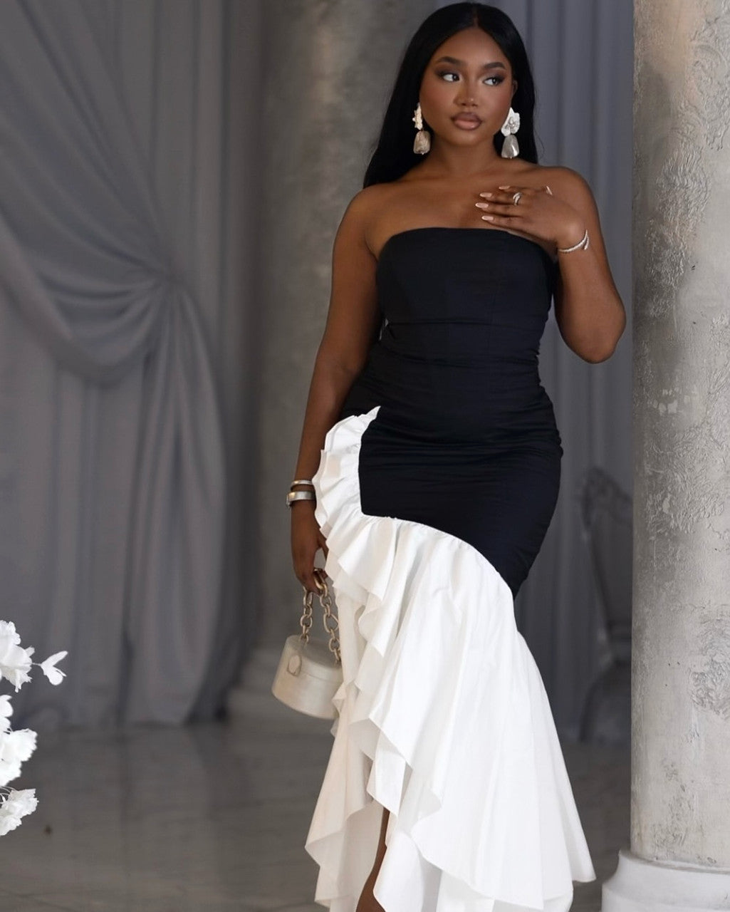 Strapless Ruffle Maxi Dress Black White