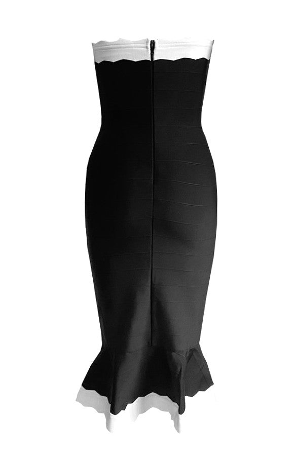 Strapless Scalloped Fluted Midi Dress Black White