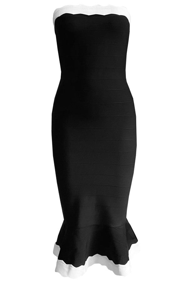Strapless Scalloped Fluted Midi Dress Black White