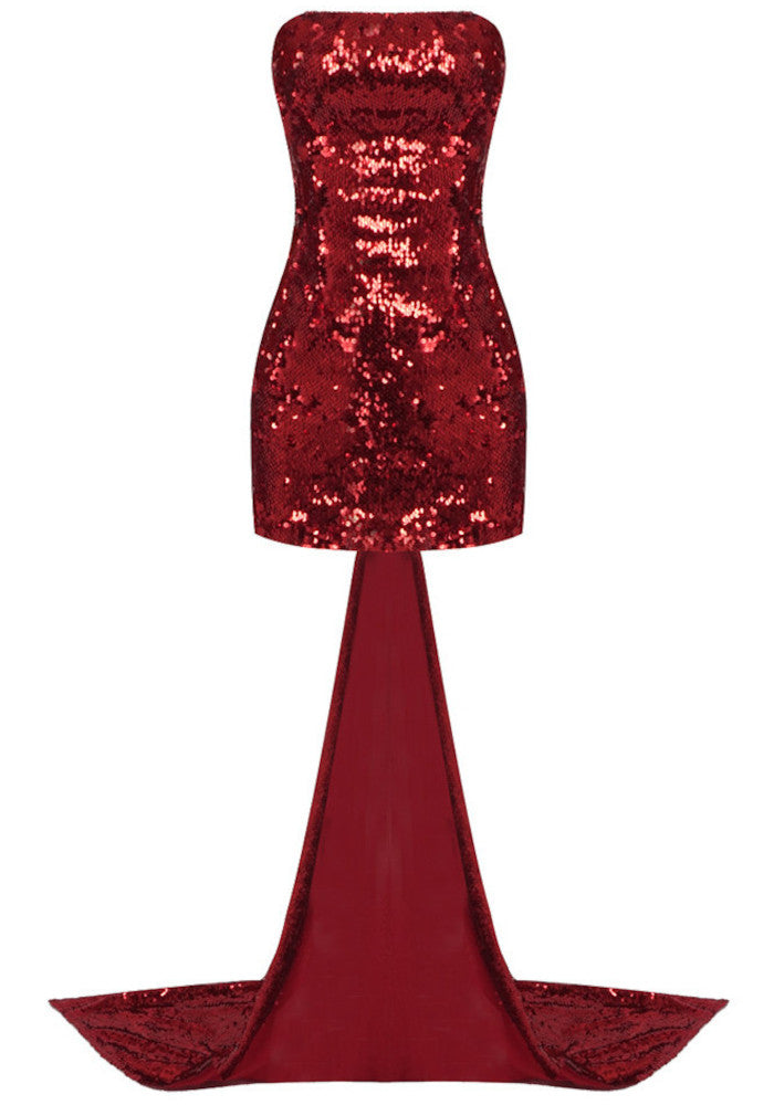 Strapless Bow Detail Sequin Dress Red
