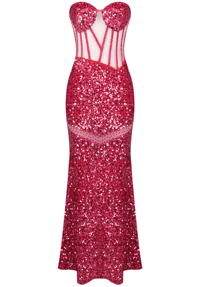 Strapless Sequin Corset Maxi Dress Watermelon