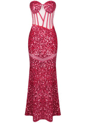Strapless Sequin Corset Maxi Dress Watermelon