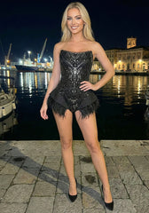 Strapless Sequin Feather Bodysuit Black