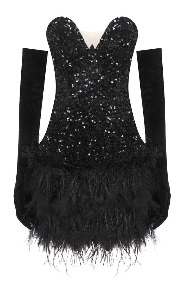 Strapless Sequin Corset Feather Dress Black