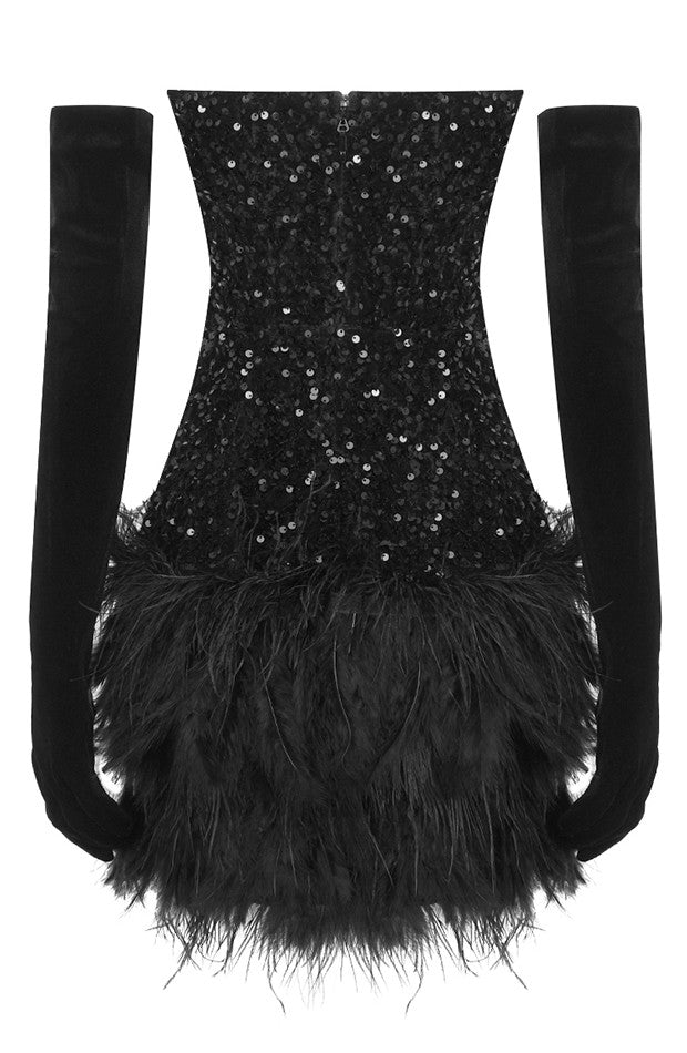 Strapless Sequin Corset Feather Dress Black