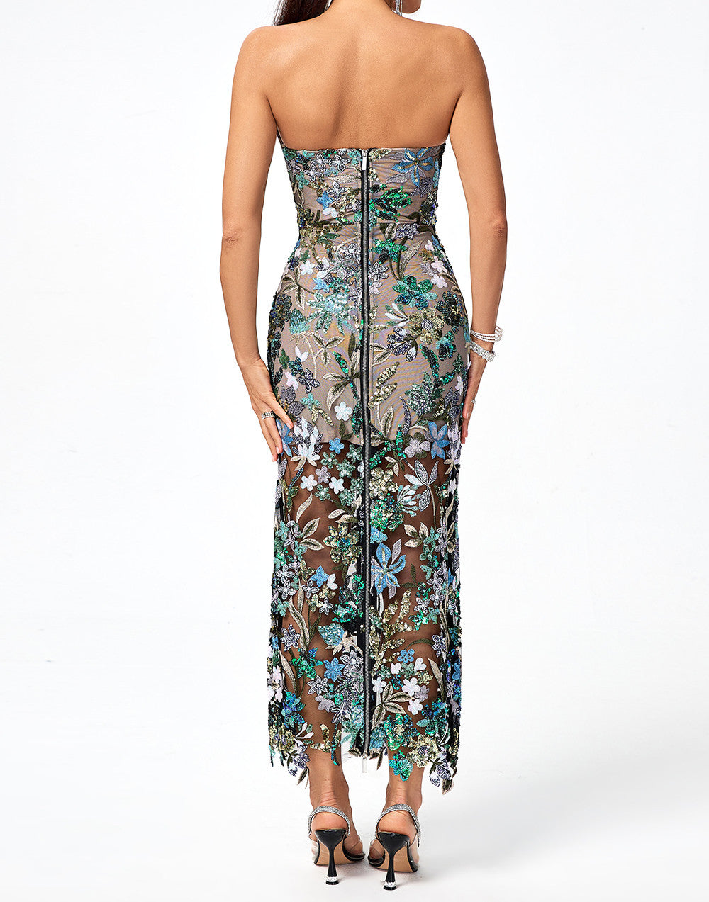 Strapless Sequin Floral Lace Maxi Dress Green