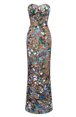 Strapless Sequin Floral Lace Maxi Dress Green