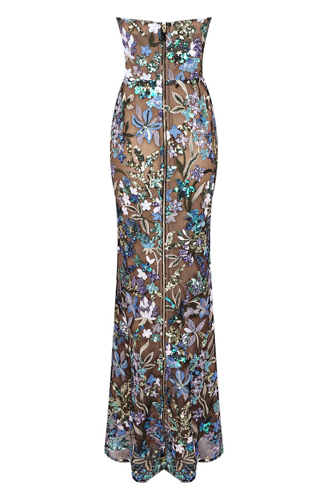 Strapless Sequin Floral Lace Maxi Dress Green