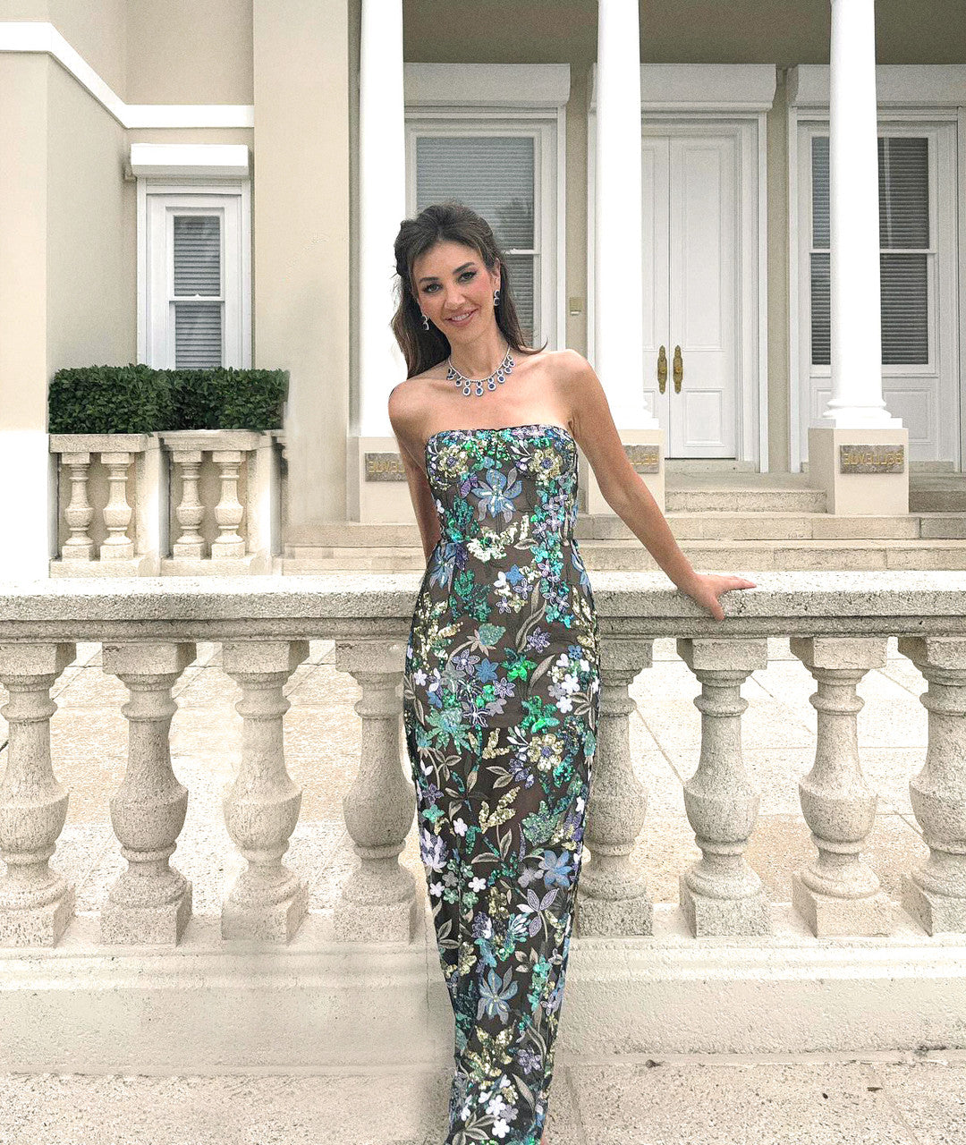 Strapless Sequin Floral Maxi Dress Green