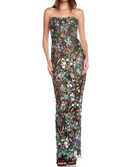 Strapless Sequin Floral Maxi Dress Green