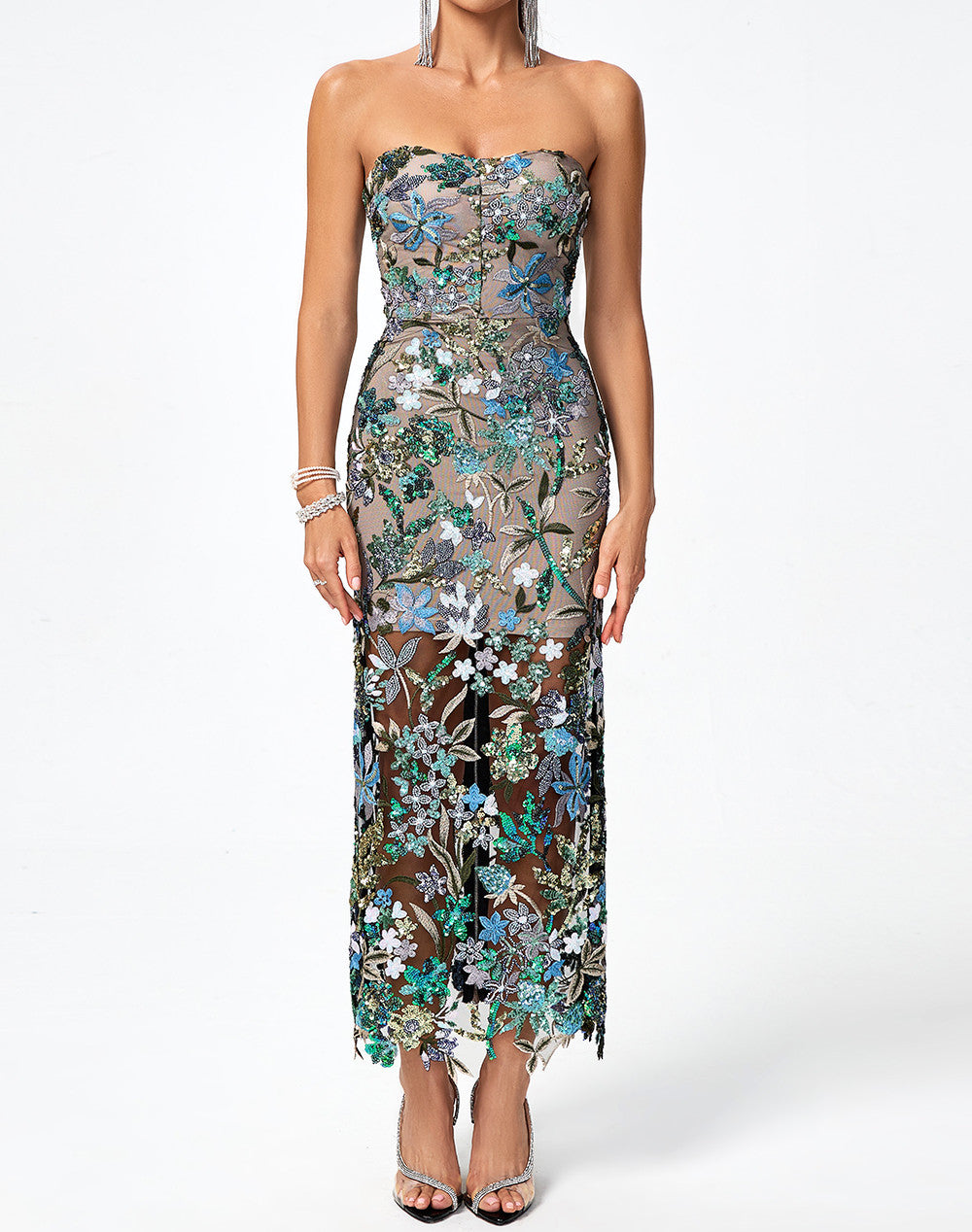 Strapless Sequin Floral Lace Maxi Dress Green