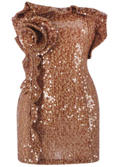 Strapless Sequin Floral Ruffle Dress Brown