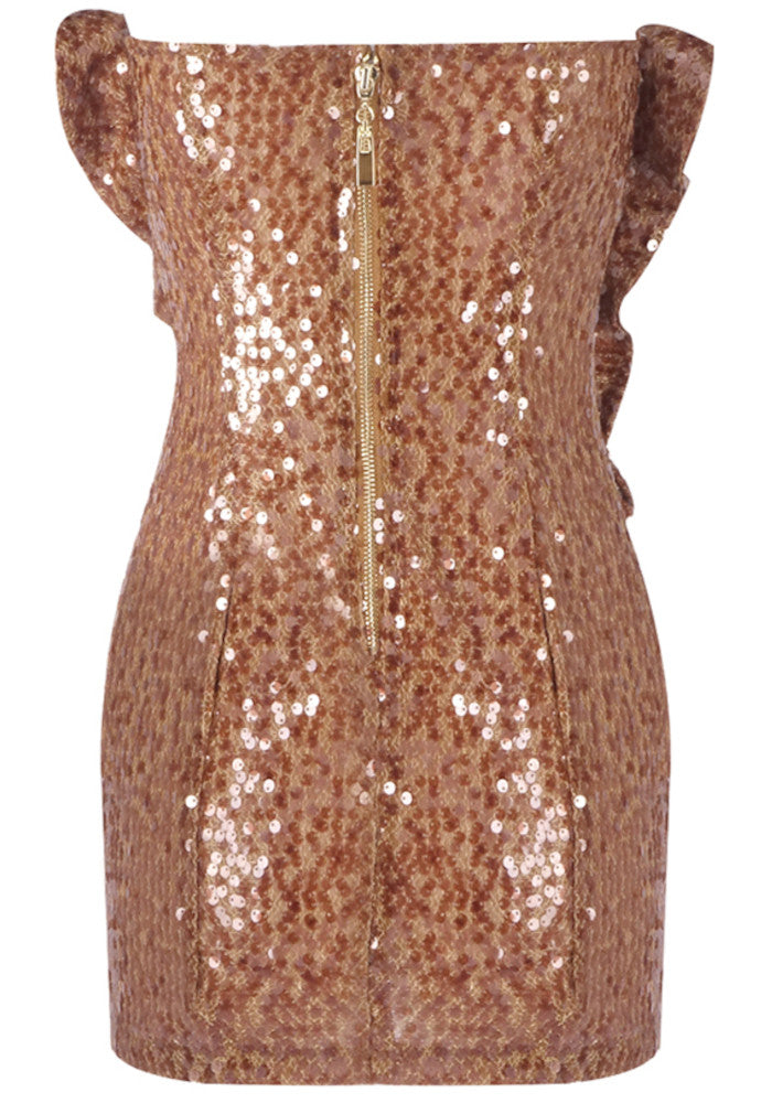 Strapless Sequin Floral Ruffle Dress Brown
