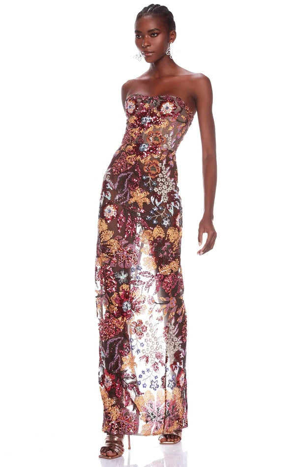 Strapless Floral Sequin Maxi Dress