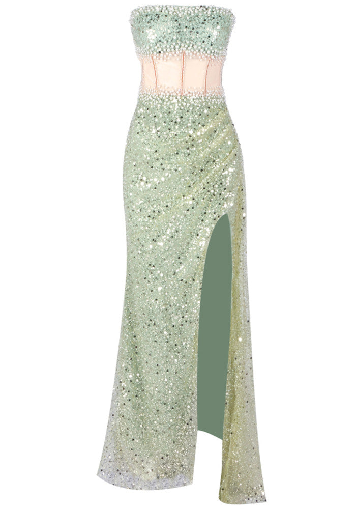 Strapless Pearl Sequin Maxi Dress Green