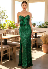 Strapless Crystal Sequin Bustier Maxi Dress Green