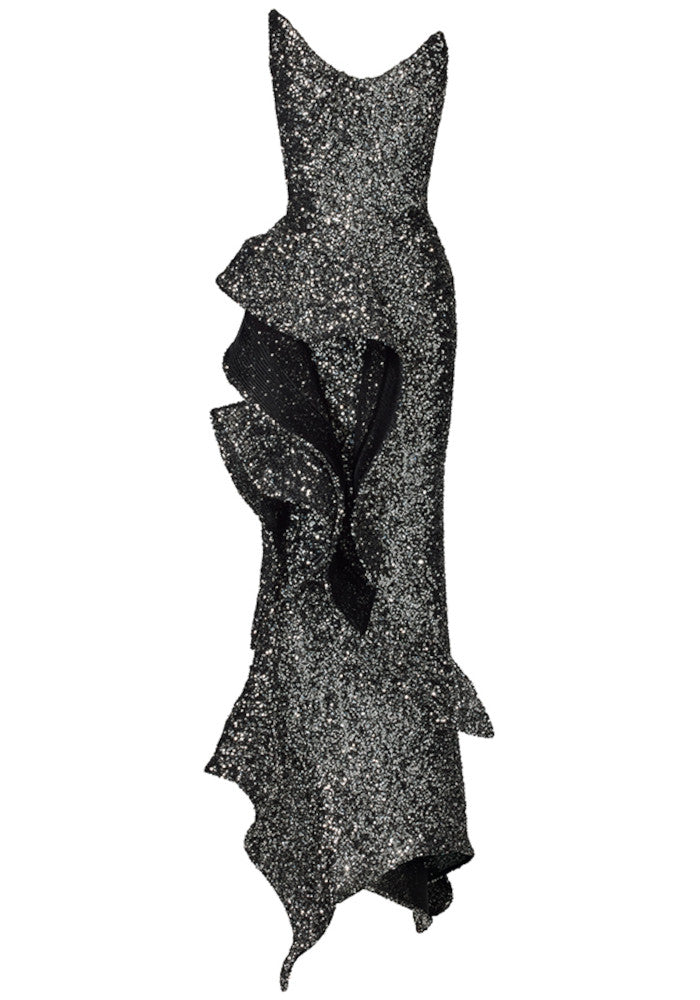 Strapless Sequin Ruffle Maxi Dress Silver