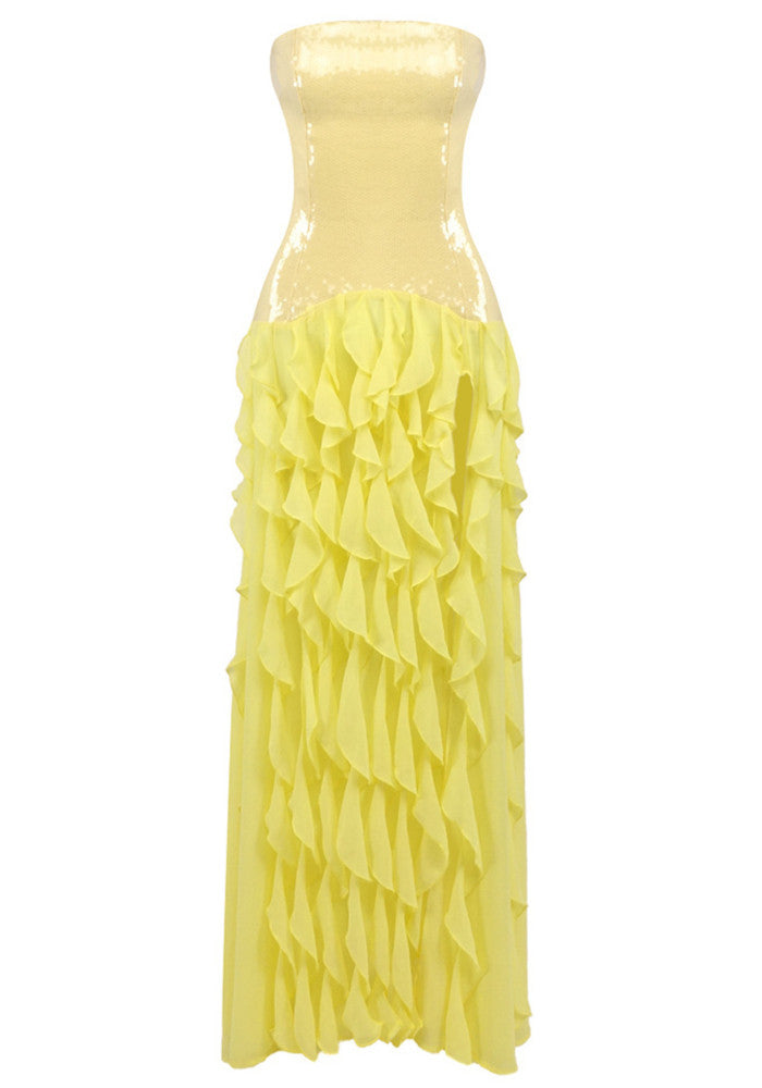 Strapless Sequin Ruffle Maxi Dress Yellow