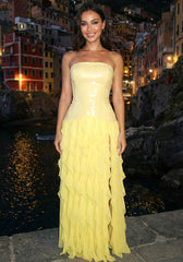 Strapless Sequin Ruffle Maxi Dress Yellow