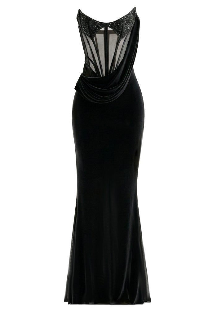Strapless Sequin Structured Maxi Dress Black