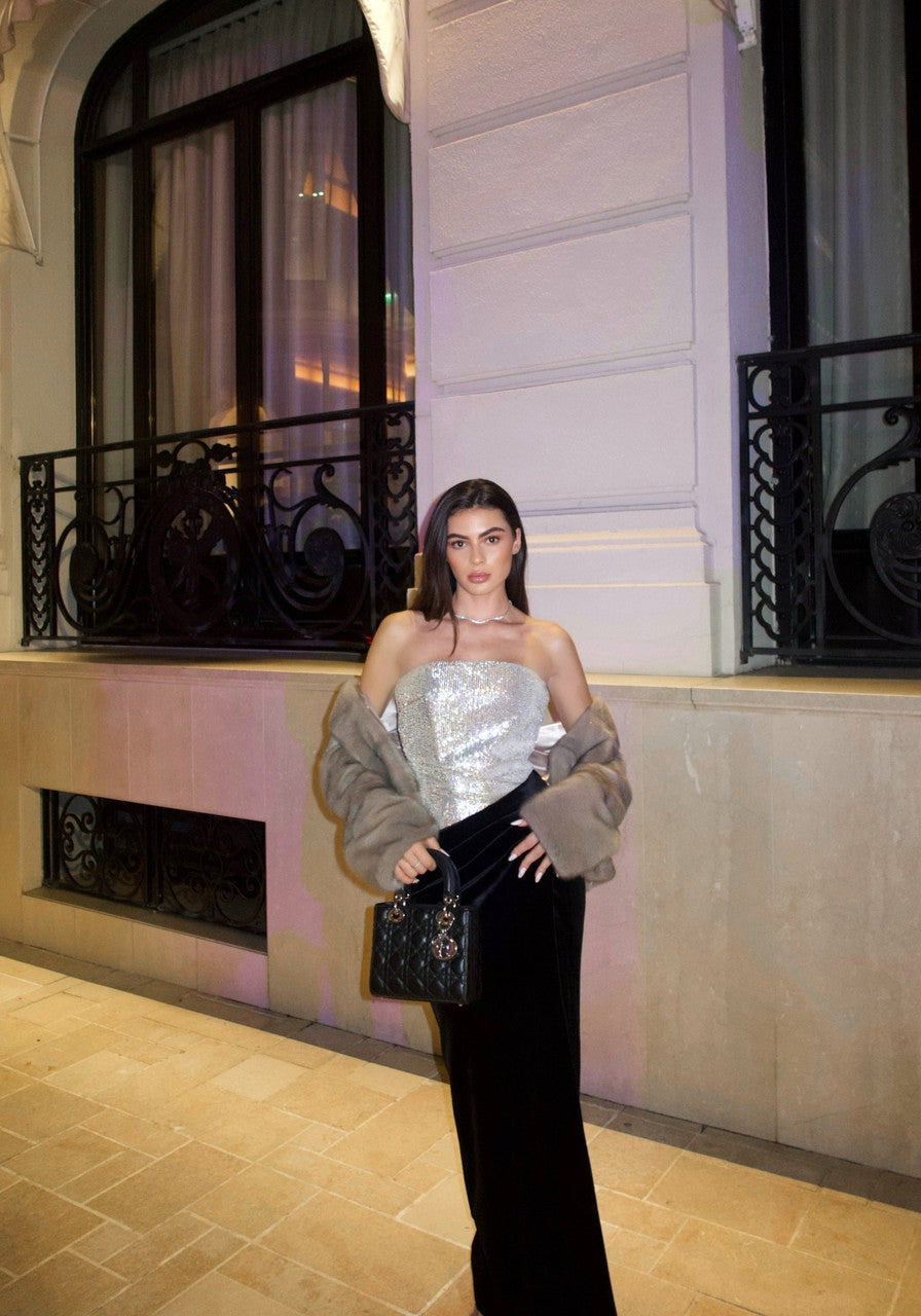 Strapless Sequin Velvet Maxi Dress Black Silver