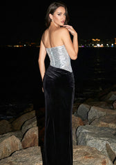 Strapless Sequin Velvet Maxi Dress Black Silver