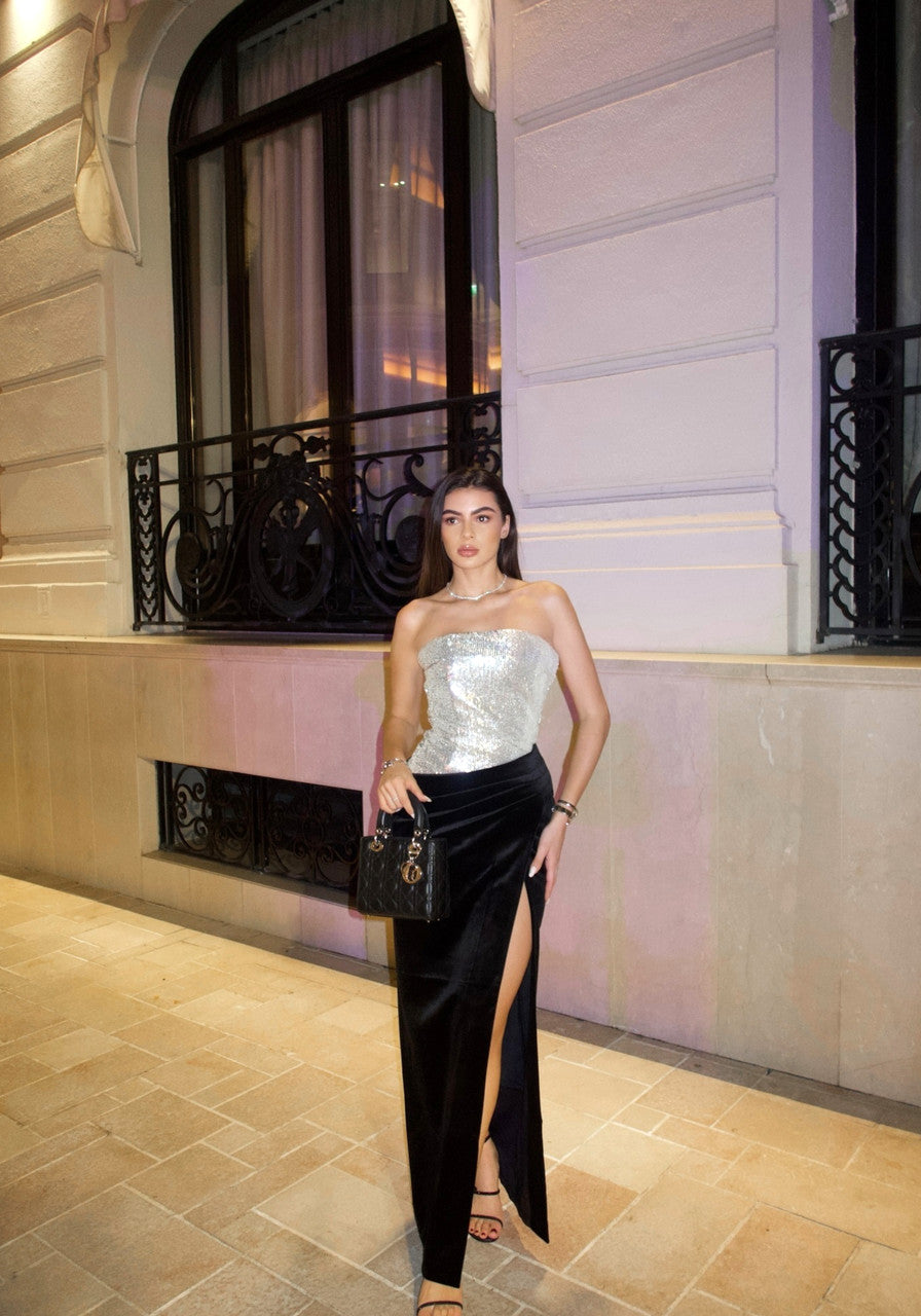 Strapless Sequin Velvet Maxi Dress Black Silver