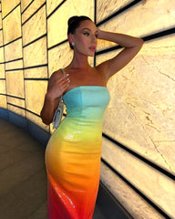 Strapless Design Sequin Midi Dress Rainbow