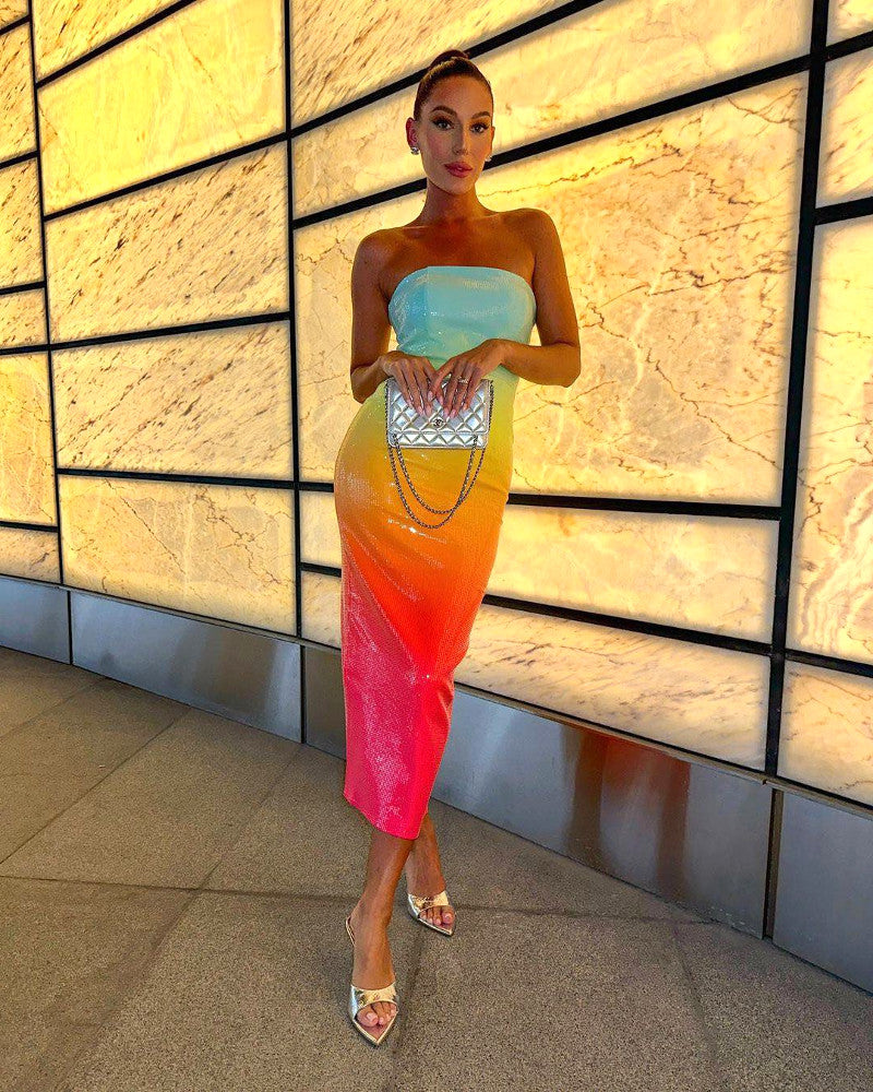 Strapless Design Sequin Midi Dress Rainbow