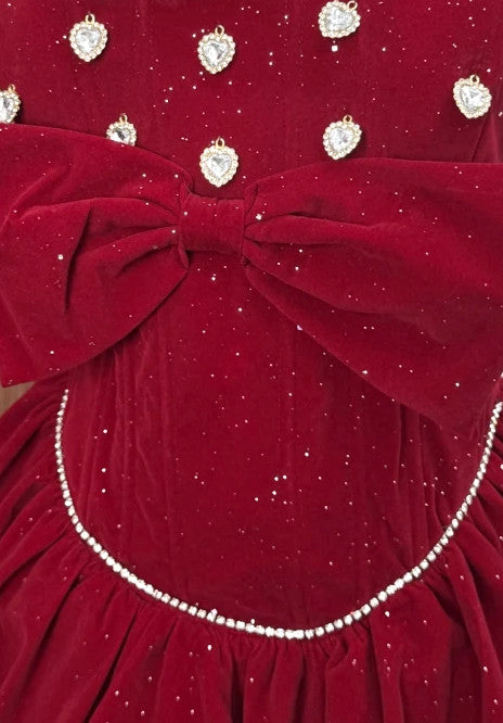 Strapless Sparkly Corset Bubble Velvet Dress Red
