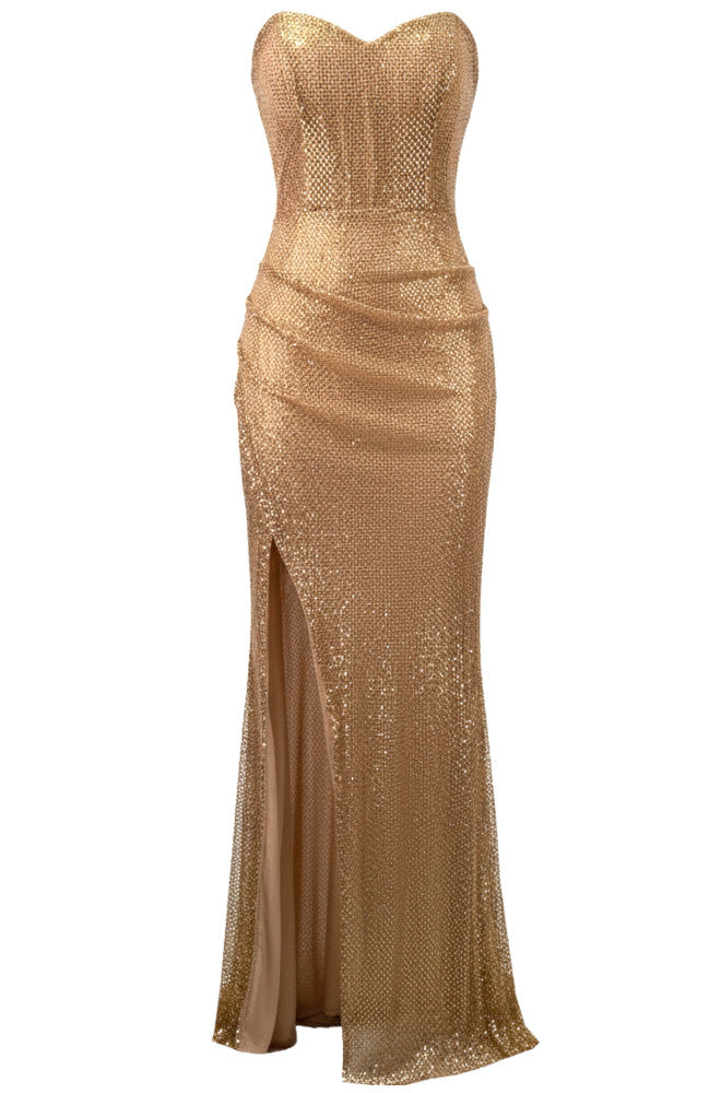 Strapless Draped Sparkly Maxi Dress Gold