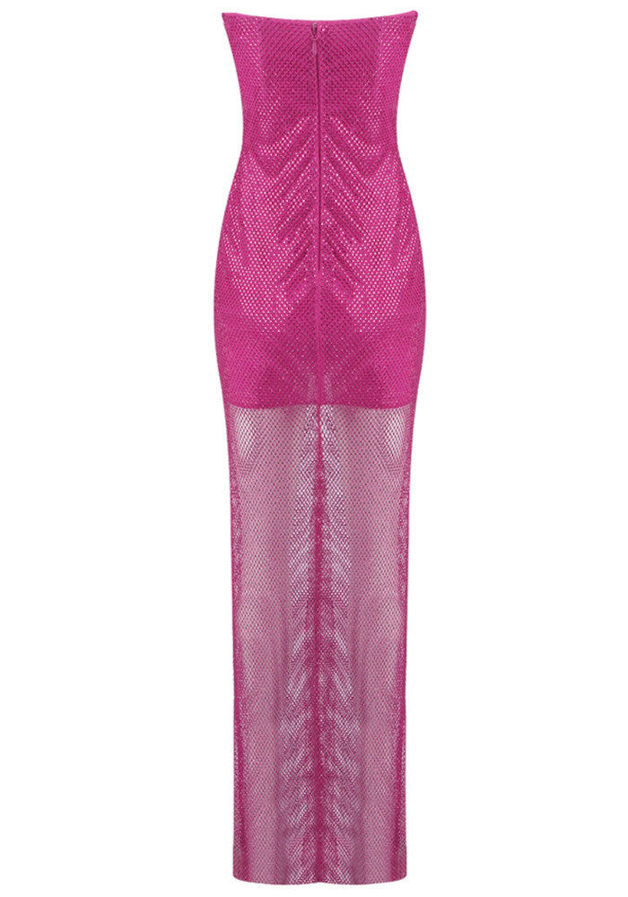 Strapless Sparkly Draped Maxi Dress Hot Pink