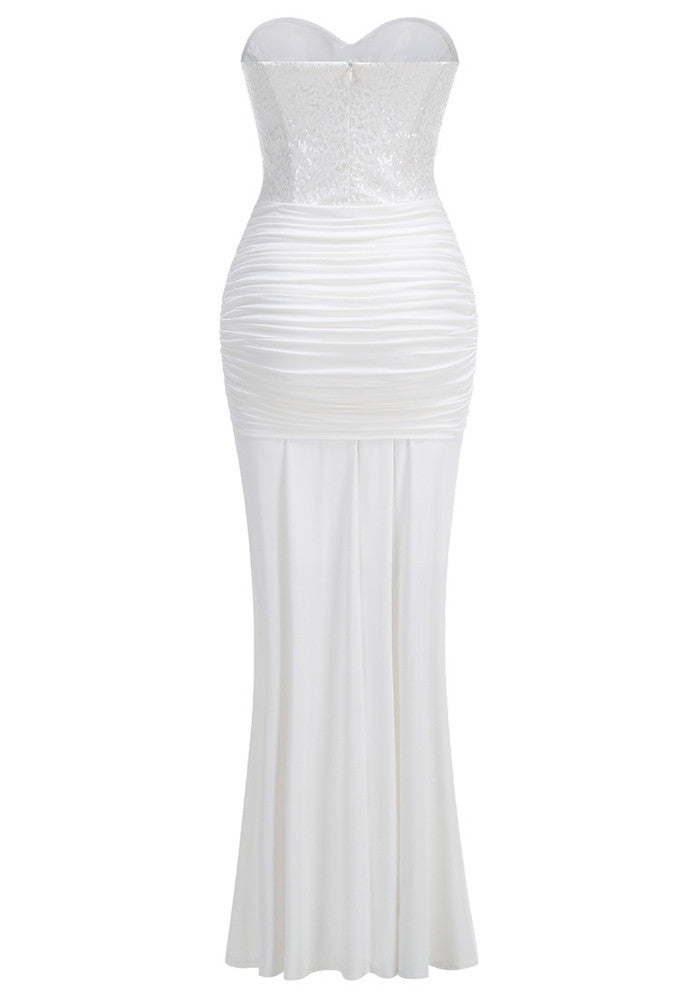 Strapless Sparkly Bustier Draped Maxi Dress White