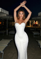 Strapless Sparkly Bustier Draped Maxi Dress White