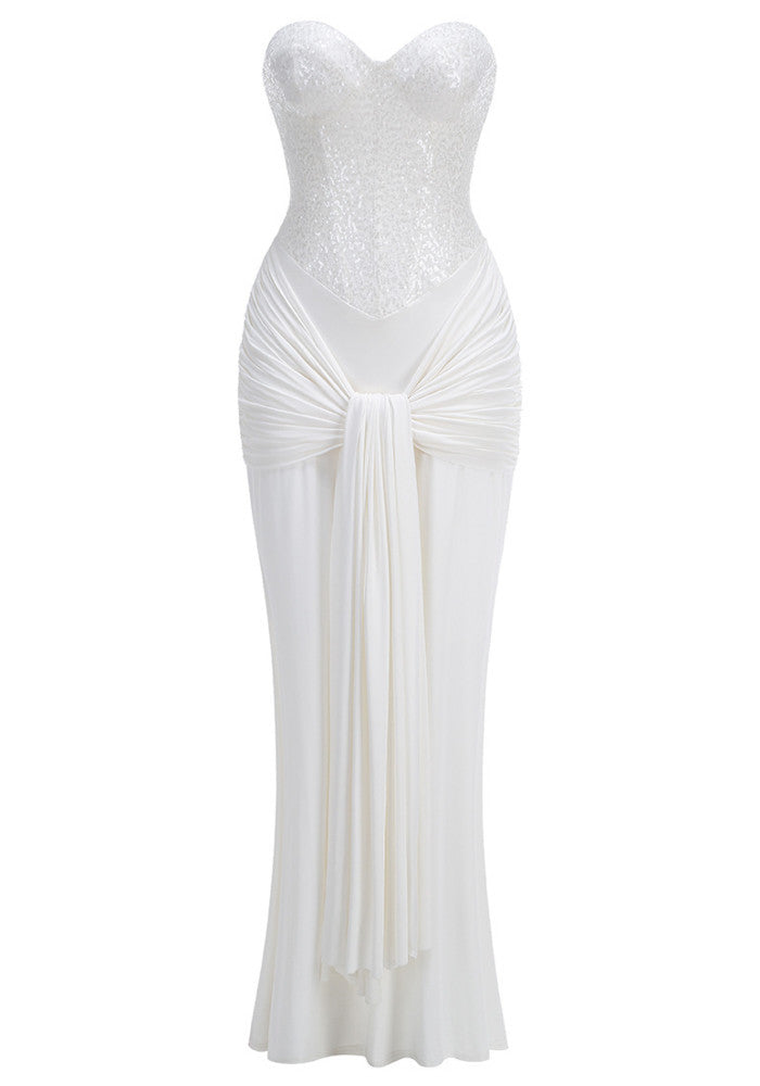 Strapless Sparkly Bustier Draped Maxi Dress White