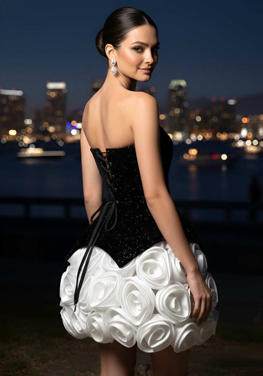 Sparkly Strapless Floral Corset Dress Black White