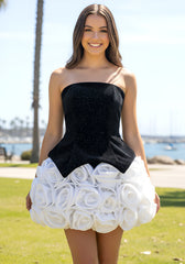 Sparkly Strapless Floral Corset Dress Black White
