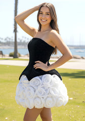 Sparkly Strapless Floral Corset Dress Black White