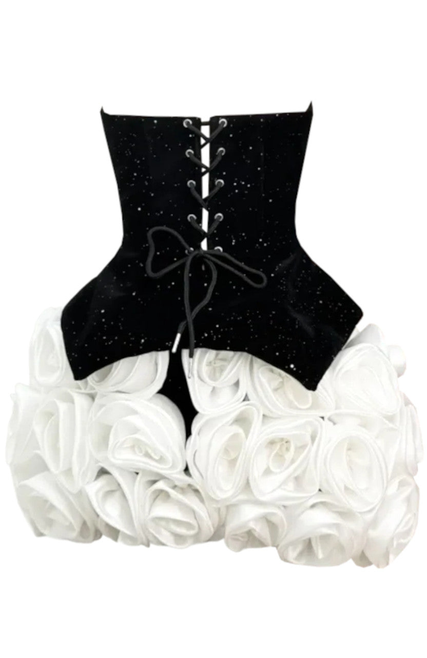 Sparkly Strapless Floral Corset Dress Black White