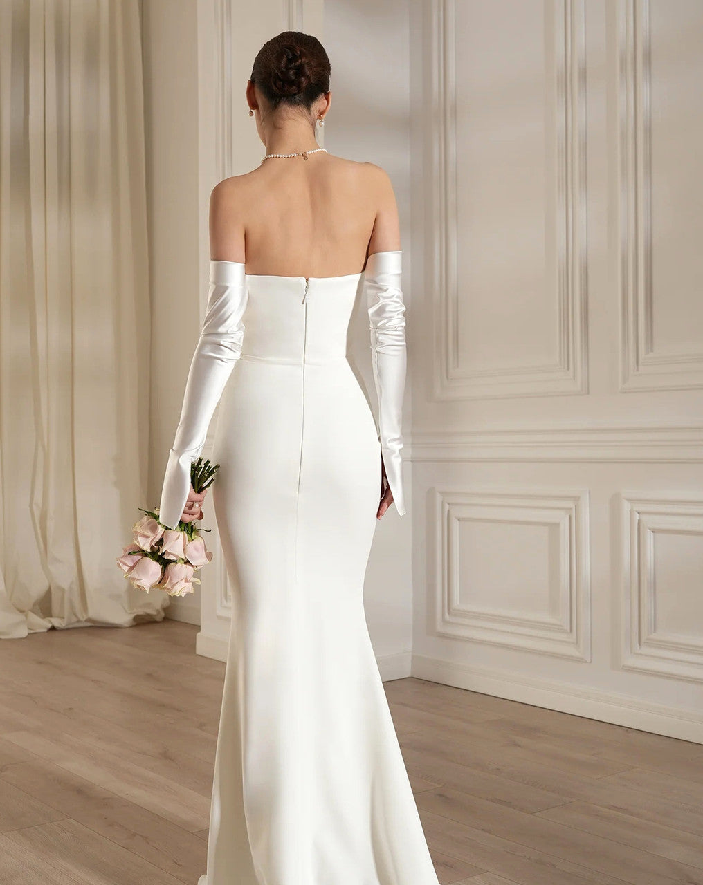 Long Sleeve Strapless Draped Maxi Dress White